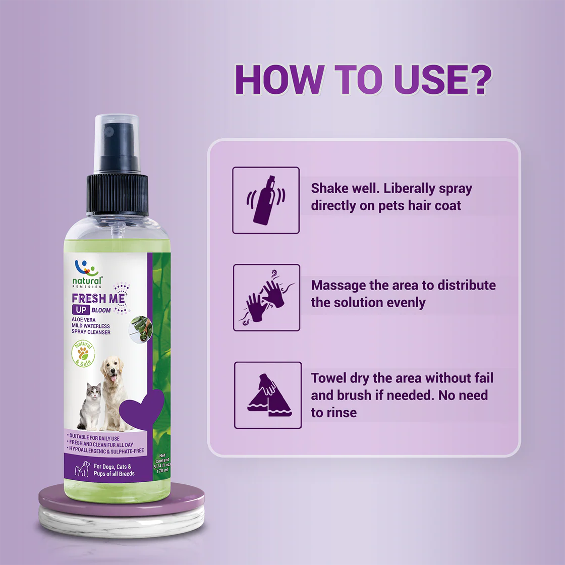 Natural Remedies Fresh Me Up Bloom Waterless Pet Shampoo (Aloe Vera) | Pet Grooming Supplies