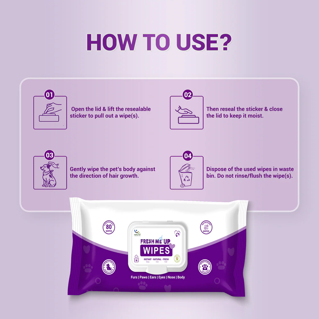 Natural Remedies Fresh Me Up Pet Wipes with Aloe Vera (80 Pulls) | Pet Grooming Supplies