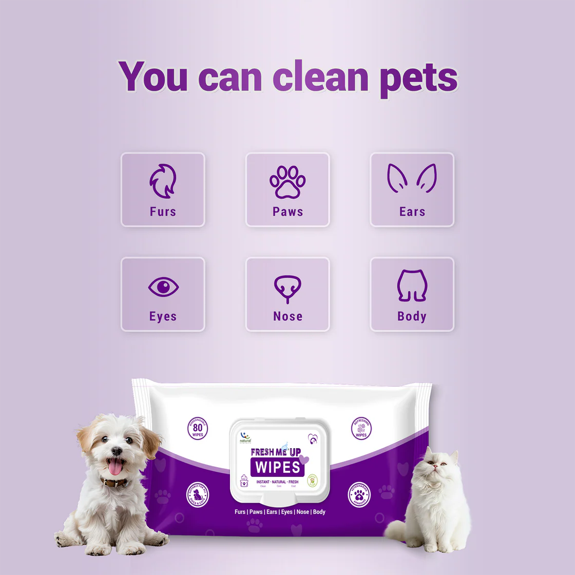 Natural Remedies Fresh Me Up Pet Wipes with Aloe Vera (80 Pulls) | Pet Grooming Supplies